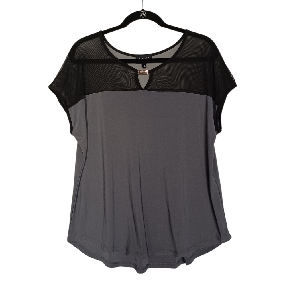 AUW Black Mesh Semi Sheer Short Sleeve Keyhole Gray Stretchy Top Large NWT